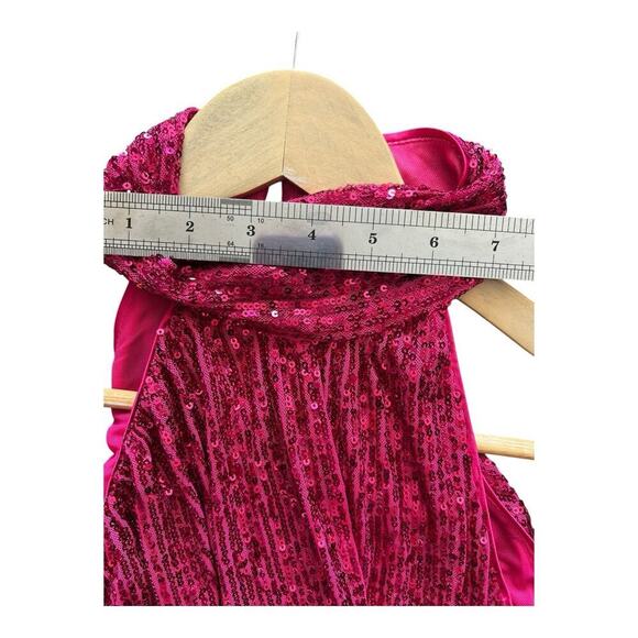 Saylor Shana Cocktail Sequin Dress Pink Halter Sheath Midi Hi Lo Medium M - Picture 9 of 13